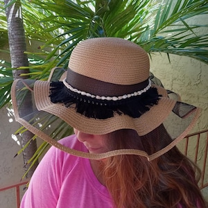 Wide Brim Beach Hat Summer Black Stripe Hat for Ladies and Women image 1