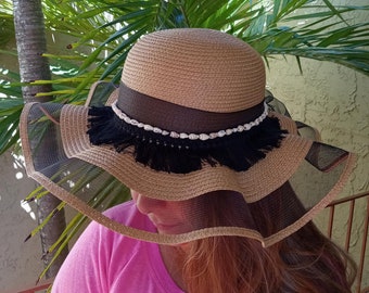 Wide Brim Beach Hat | Summer Black Stripe Hat for Ladies and Women