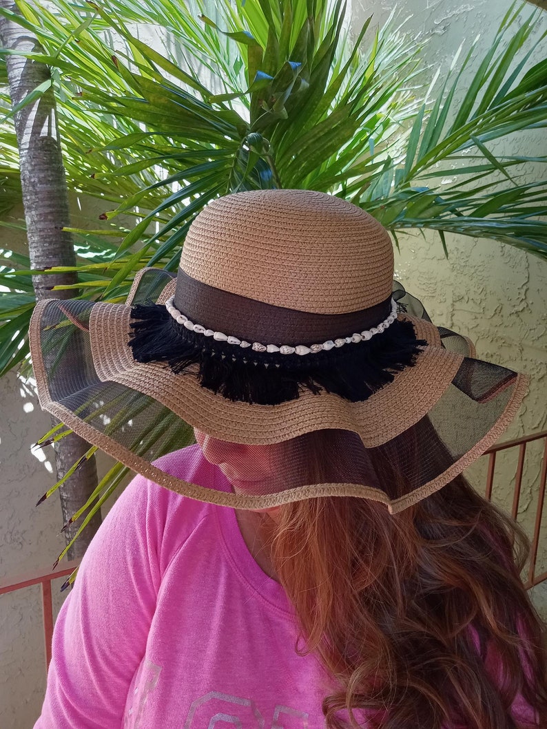 Wide Brim Beach Hat Summer Black Stripe Hat for Ladies and Women image 1