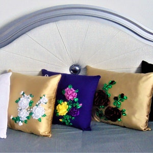 Satin Rose Pillows | Satin Flower Cushions | Embroidered Ribbon Flowers