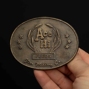 Vintage Ace Hi Feeds Belt Buckle, Star Milling Co, Brass RJ Buckles 1970s Promotional Buckle