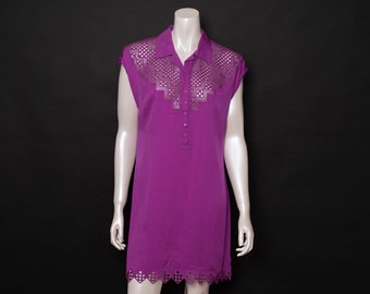 90s Catherine Malandrino Purple Silk Shirtdress with Lace On Front, Back and at the Hem