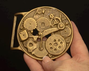 Vintage Brass Industrial Gear Belt Buckle – 3" Round Steampunk Style, Heavy Cast Metal