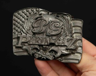 Vintage Plein-Gaz Belt Buckle with American Flag and Eagles