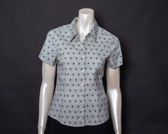 Vintage Cotton Ginny Blend Short Sleeve Button Down Blouse Top Geometric Pattern