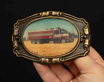 Retro Vintage Peterbilt Semi Truck Belt Buckle with Grain Trailer