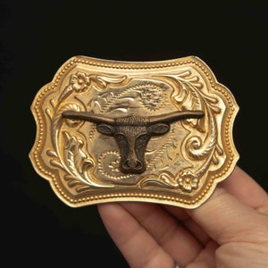 Vintage Gold Tone Ornate Belt Buckle with Brass Longhorn Steer