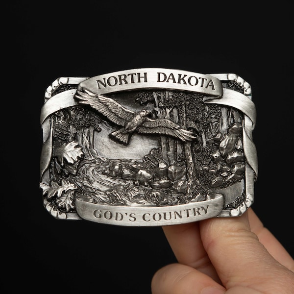 Vintage 1983 North Dakota Pewter Belt Buckle by Siskiyou Buckle Co.