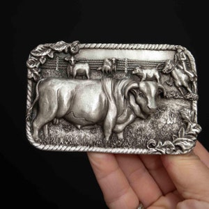 Vintage 1981 Pewter Cowboy & Bull Belt Buckle by Arroyo Grande - Western Cattle Scene