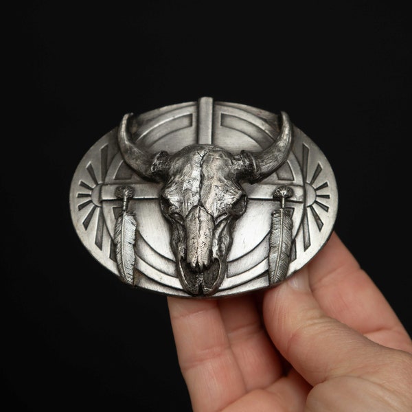 Vintage Siskiyou Steer Skull and Feathers Belt Buckle - U-40