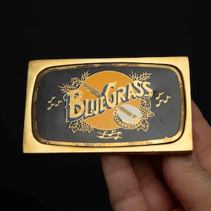 Vintage Massiv Messing Bluegrass Gürtelschnalle - Banjo, Sonne, Musiknoten - Taillierte Gürtel Ltd.