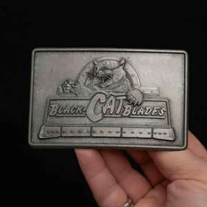 Vintage Black Cat Blades Pewter Belt Buckle with Business Logo