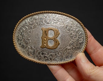 Vintage Large Oval Belt Buckle with Hand-Etched Filigree and Raised Letter "B"