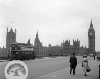 Big Ben from Westminster Bridge 1950&#39;s Black & White Photography High Resolution Digital Download Only Wall Art Print Square Format