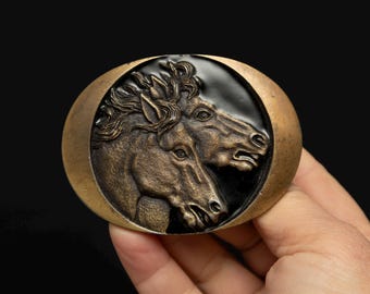 #8044 Vintage Equus Hammered Brass Buckle Hammered Brass Plain Buckle Flat Smooth Leather Belt Buckle  main image 3