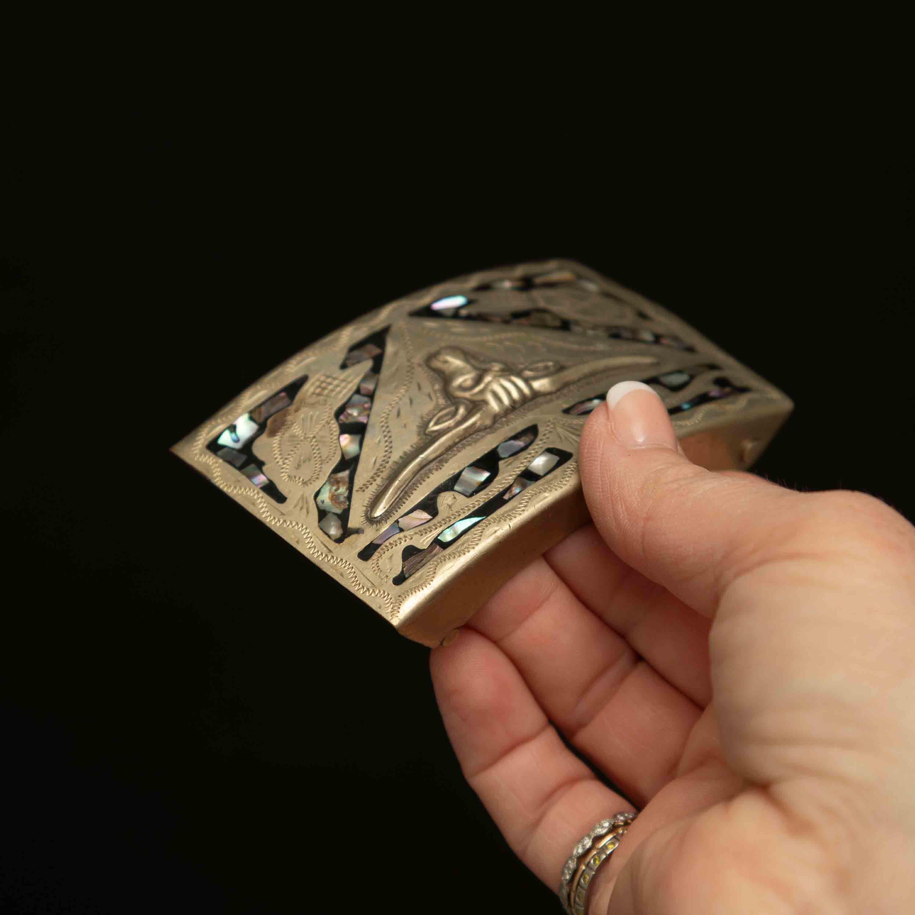 Silver Tone Mexico Belt Buckle With Abalone Inlay and Steer  display picture 2