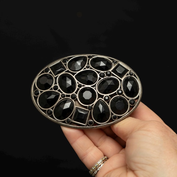 Vintage Black Faceted Stone Belt Buckle – Oval Silver-tone  display picture 2