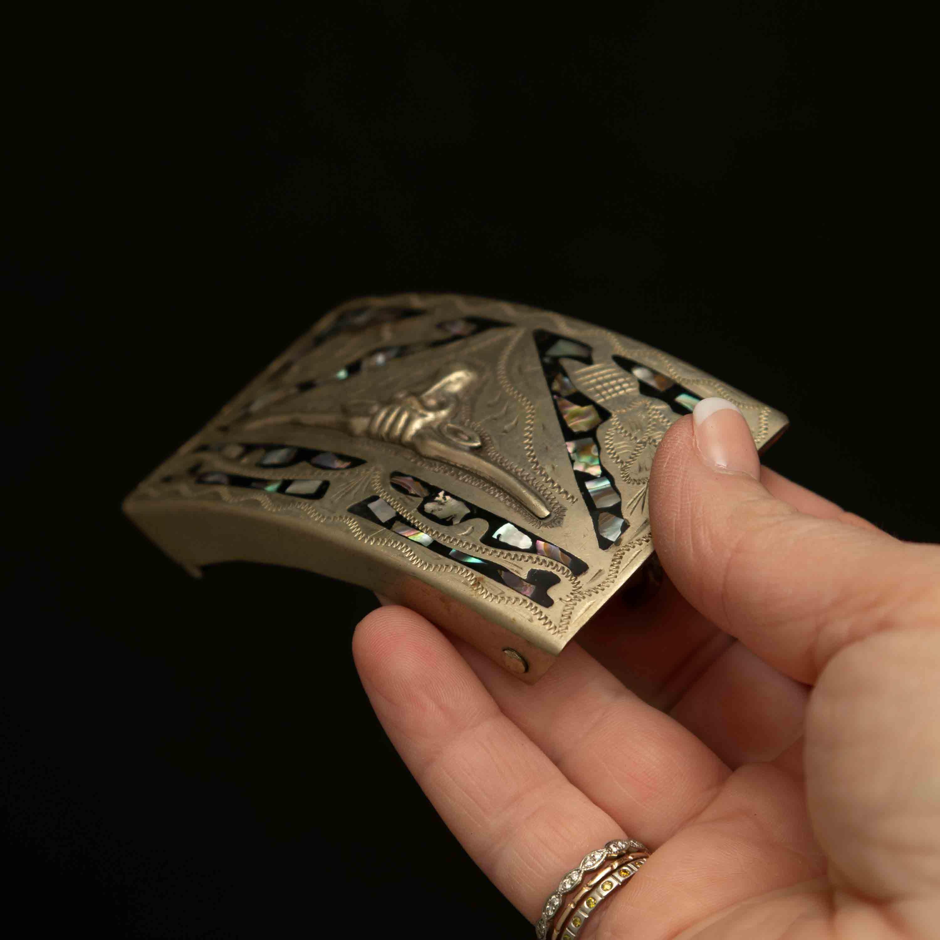 Silver Tone Mexico Belt Buckle With Abalone Inlay and Steer 