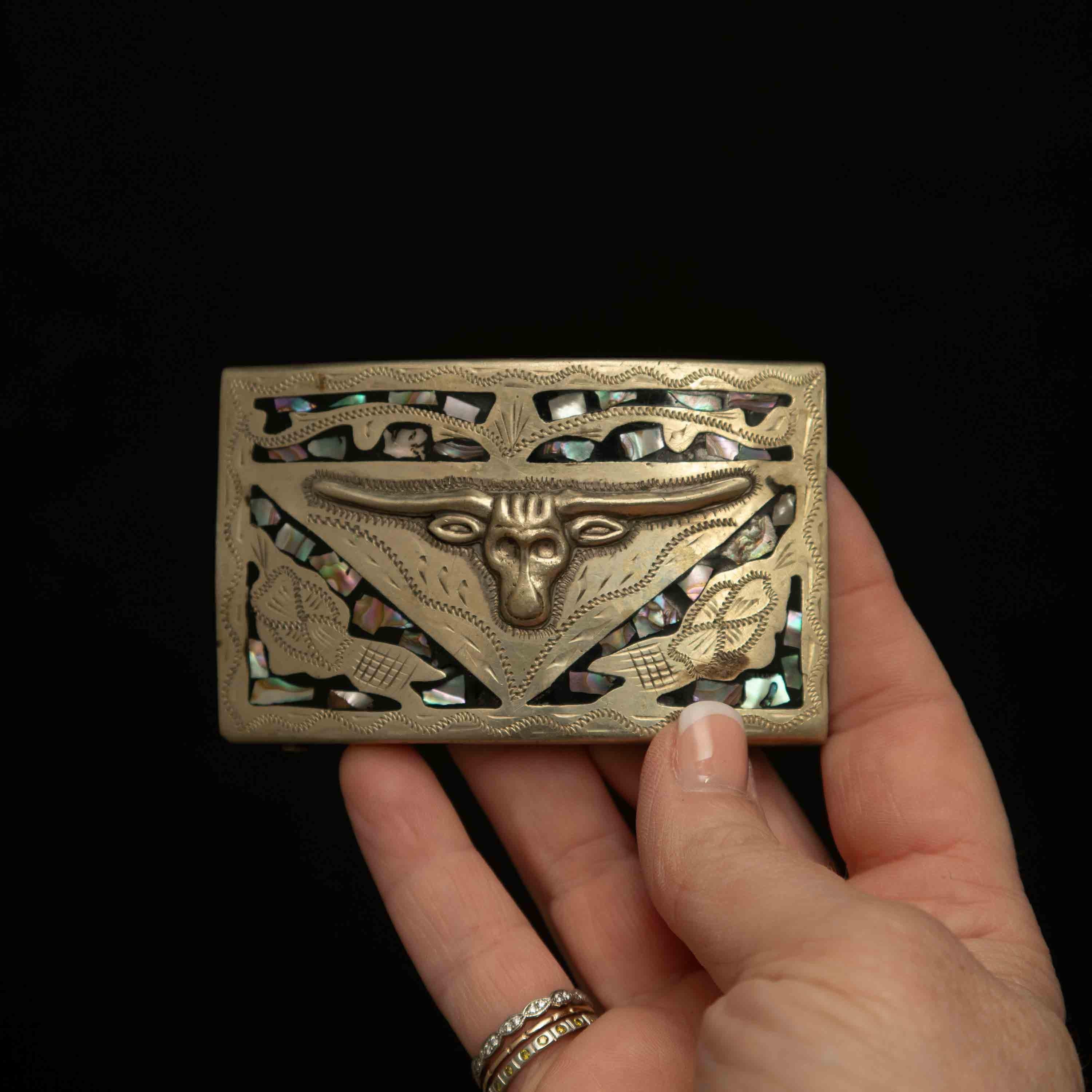 Silver Tone Mexico Belt Buckle With Abalone Inlay and Steer  display picture 1