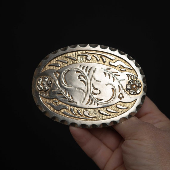 Vintage belt buckle Mexican brass & silver tone flower Vintage, Flower Belt Buckle, Artisan Made, Brass & Silver  main image 3