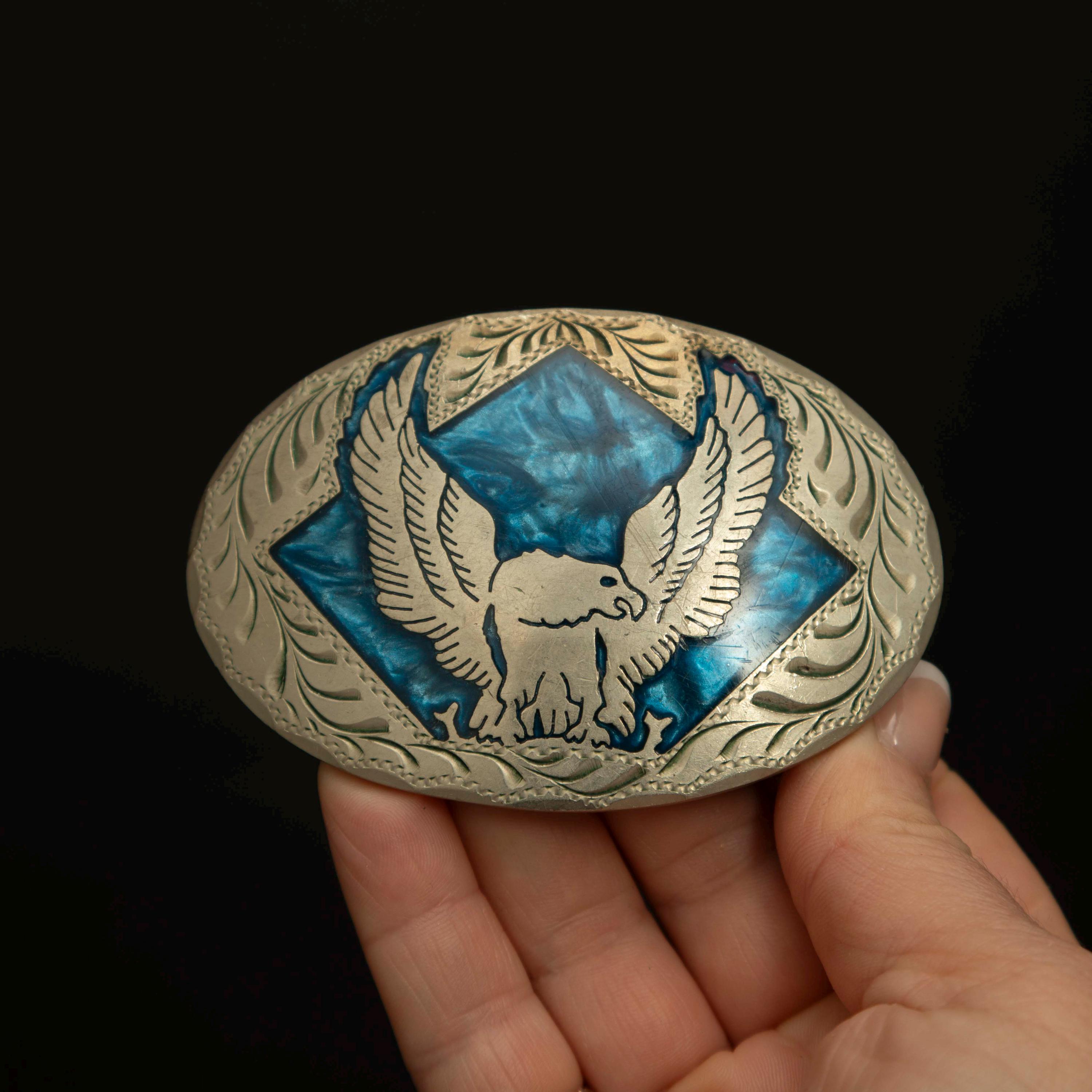 Vintage Eagle Western Belt Buckle • Blue Enamel Inlay • Hand  display picture 1