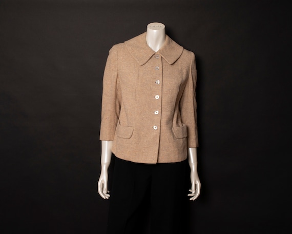 Beige 1940s 50s Cropped Wool Tweed Jacket With Silk Lining and 3/4  