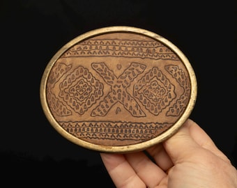 Vintage Tooled Leather Belt Buckle – Large Oval Brass Frame Western Boho Design