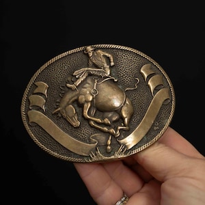 Vintage Solid Brass Rodeo Belt Buckle with Bucking Bronco and Cowboy - Award Design Medals
