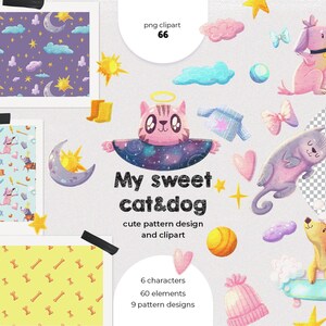 Cat clipart, Dog clipart, Dog digital paper, Cute cat seamless patterns, Baby clipart commercial use, cartoon pet illustrations