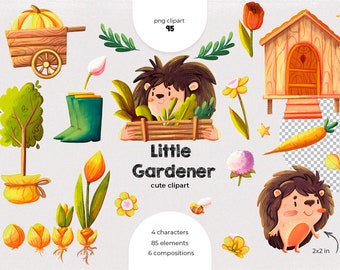 Little Gardener watercolor hedgehog clipart, Garden Clipart, Woodland, Instant Download - Pots - Seeds - Dirt - Bugs - Plants - Spade