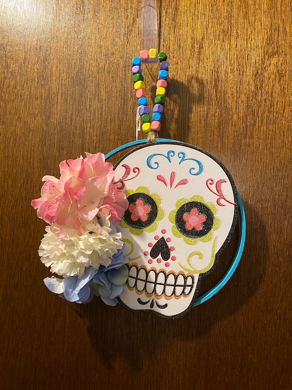 Day of the dead Wreath, Mexican style door wreath, Sugar skull design, Colorful wreath, Halloween season wreath, Mexico style wall decor