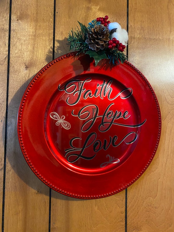 Christmas wreath sign, Christmas wreath, Christmas decor, Faith Hope Love decoration, Holiday decor, Christmas plate, Faith Hope Love sign