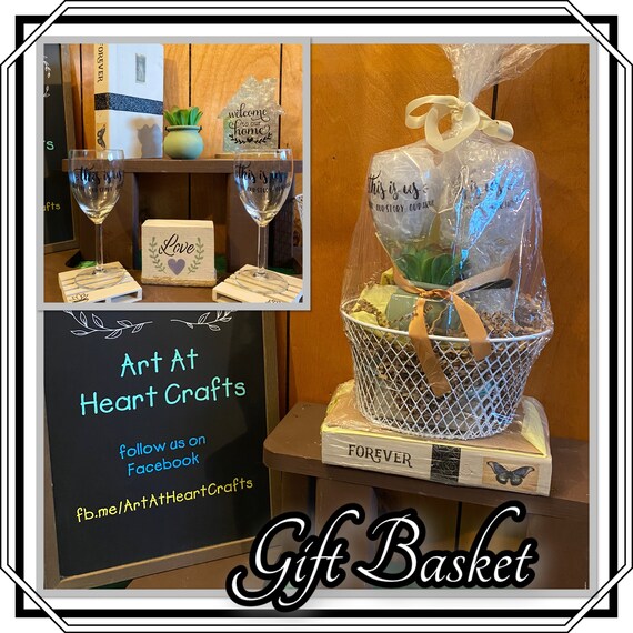 This is our story themed gift basket, Wine decor, This is us wine glasses, Wooden decor, Galvanized decor, Gift Basket