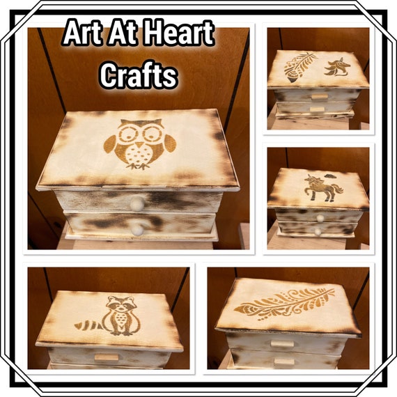 Wooden jewelry box, character jewelry box, burned wood decor, unicorn, raccoon, owl, feathers, BOHO, kid jewelry box, kid bedroom, jewelry