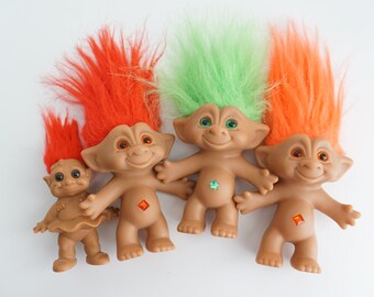 LUCKY TROLL DOLL VTG KEY-CHAIN choose ORANGE GREEN or YELLOW HAIR RETRO