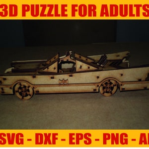 以下が含まれることがあります： 1960年代のテレビ番組「バットマン」に登場する象徴的なバットモービルの木製3Dパズル。レーザーカットされた木材で作られており、複雑なディテールが特徴です。画像は完成したパズルで、バットモービルの側面図です。画像には、「3D PUZZLE FOR ADULTS」と「SVG - DXF - EPS - PNG - AI」というテキストも含まれています。