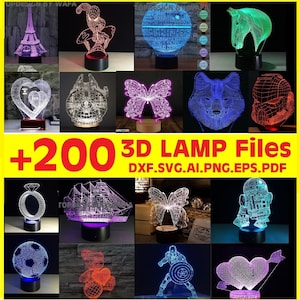 Over 200 3d Vector Illusion Acrylic Lamp Light File LED Cut Laser CNC Router,SVG,dxf,ai,png,pdf