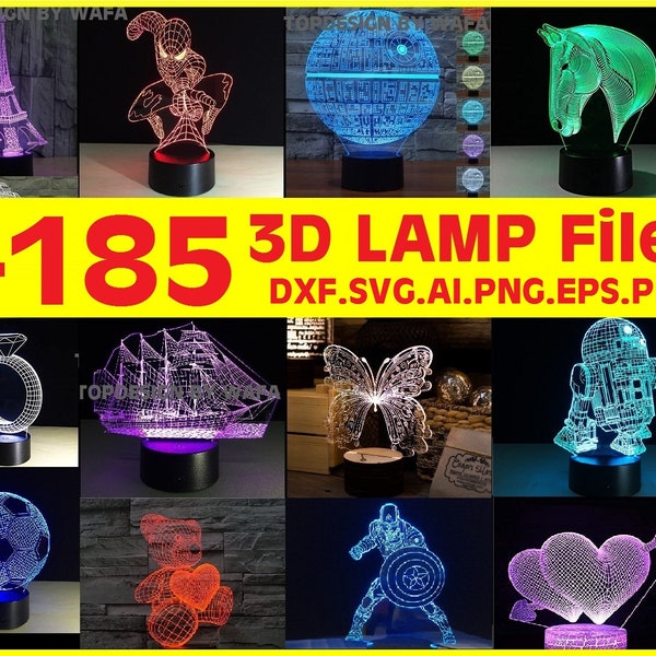 Plus de 185 lampes acryliques illusion vectorielles 3D, fichier lumineux LED, routeur CNC laser découpé, SVG, dxf, ai, png, pdf