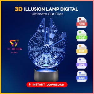 Lampe illusion 3D Star Wars Millennium Falcon numérique | Fichier de lampe acrylique 3D, illusion acrylique de veilleuse de table 3D, fichier pour cnc laser