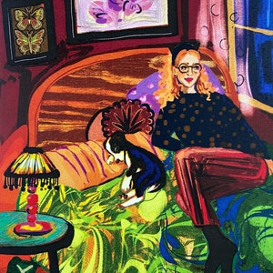 Cozy Night In A5 Wall Art Print ft. Girl, Cat, and Dog chilling on bed