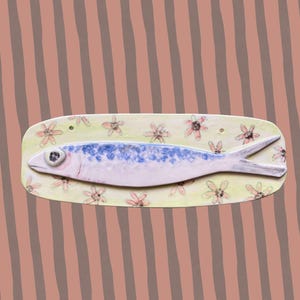 Handmade sardine and flowers ceramic tile wall hanging- ceramic art piece