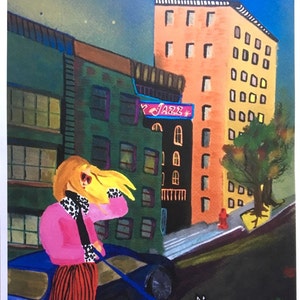 Impresión de arte mural urbano A4 "Paseo nocturno" en papel reciclado, imágenes de una tarde en Nueva York paseando a un perro.