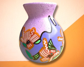 Abstract flowers hand painted ceramic vase, “Leaking” hand painted small pot