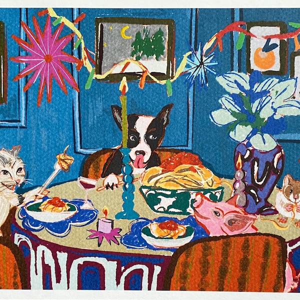 Witzige Spaghetti Dinner Party Kunstdruck: Hund, Katze, Ferkel & Hamster