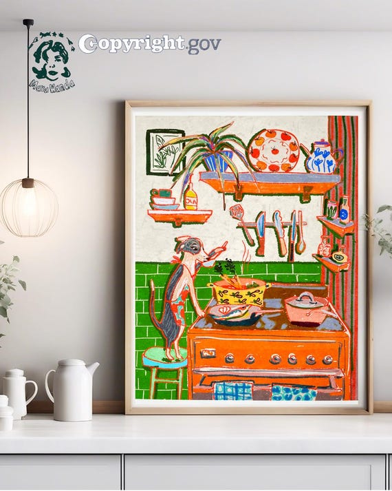 Whimsical Dinner Time Dog Art Print - Chef Kiss Wall Decor