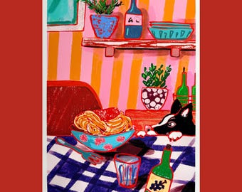 Spaghetti Doggo Art Print: Cheeky Pasta Dinner Illustration