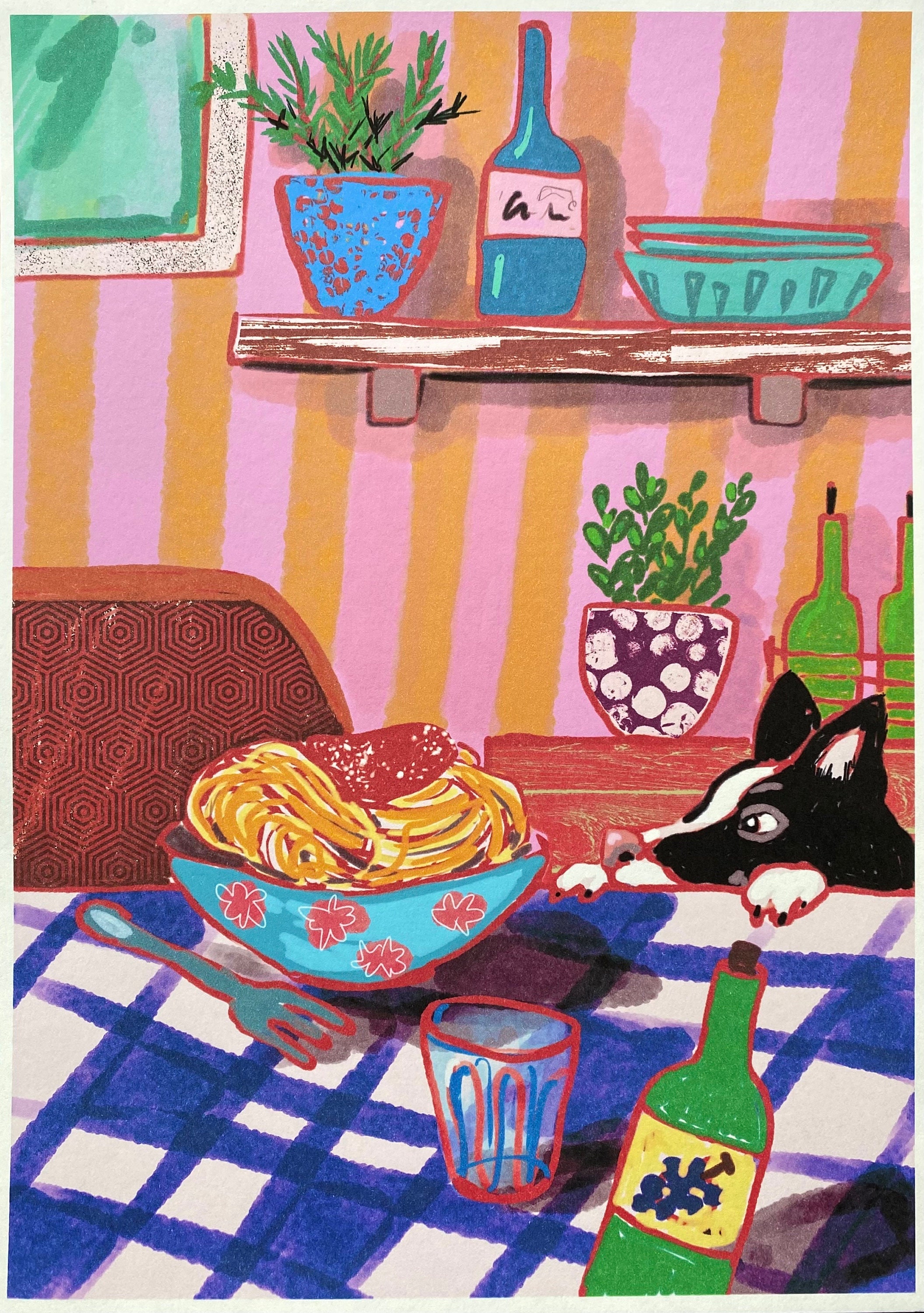 Pasta and dog lover "Spaghetti doggo" art print on fine art paper, cheeky dog dinner time, pasta print, spaghetti art
