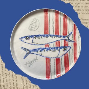 Sardines and Stripes Ceramic Plate - Coastal Kitchen Decor