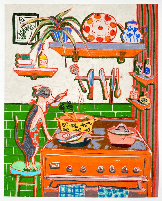 Whimsical Dinner Time Dog Art Print - Chef Kiss Wall Decor