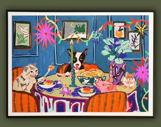 Whimsical Spaghetti Dinner Party Art Print: Dog, Cat, Piglet & Hamster